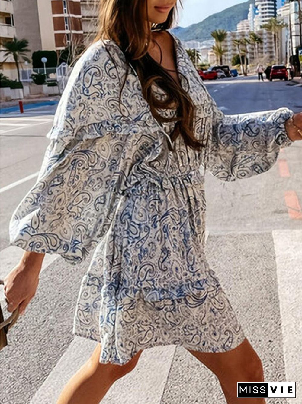 Pleated Lantern Long Sleeve Printed Dress P14057