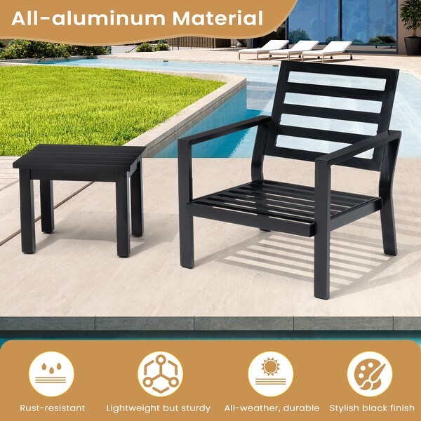 Outdoor 3piece Cushioned Aluminum Patio Furniture Conversation Set，Sunbrella Cushions，Aluminum Side Table