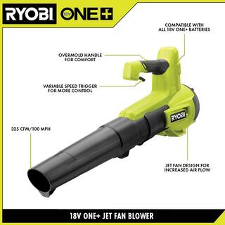 RYOBI ONE+ 18V 100 MPH 325 CFM Cordless Battery Variable Speed Jet Fan Leaf Blower (Tool Only) P21013BTL