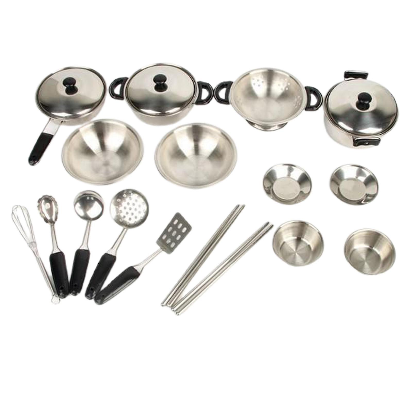 20x Kitchen Pretend Play Toys Stainless Steel Cookware Pots And Pans Set