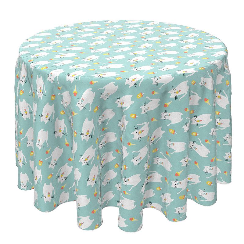 Round Tablecloth， 100% Cotton， 60 Round， Sweet Cats and Ice Cream