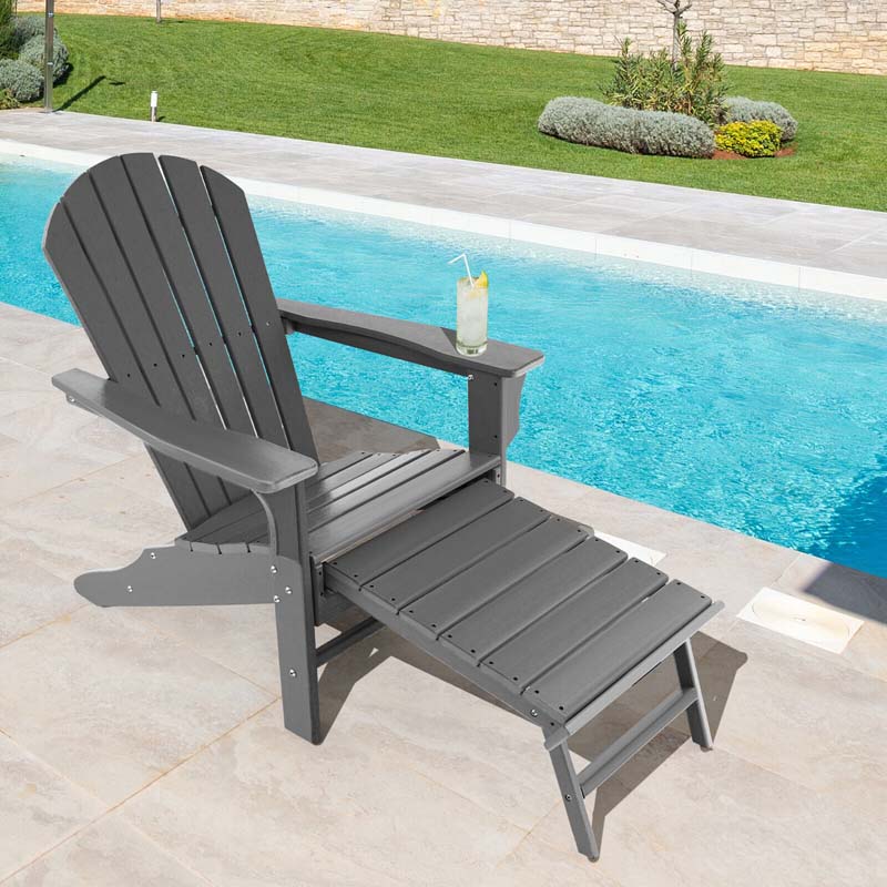 HDPE Adirondack Chair with Retractable Ottoman, Outdoor Chaise Lounge Chair for Lawn Pool Deck