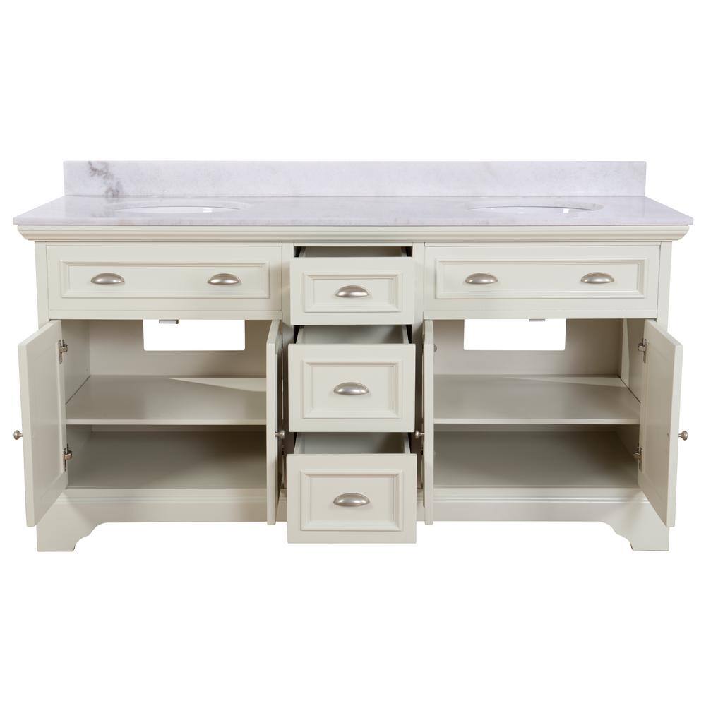 Home Decorators Collection Sadie 67 in. W x 21.5 in. D x 35 in. H Vanity in Matte Pearl with Marble Vanity Top in Natural White with White Sink MD-V2126