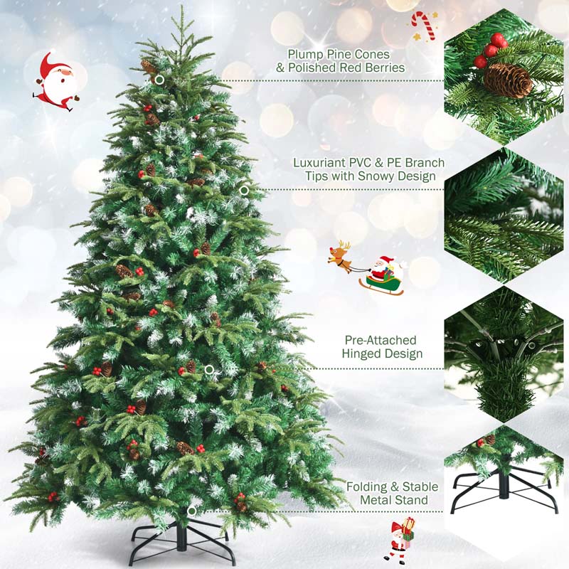 5/6/7/9FT Snowy Leaves Pre-Lit Hinged Artificial Christmas Tree with 11 Flash Modes & Multi-Color Lights