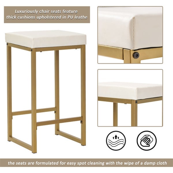 3 piece vintage bar set with natural wood countertops and 2 bar stools /3 storage shelves. (White/Gold)