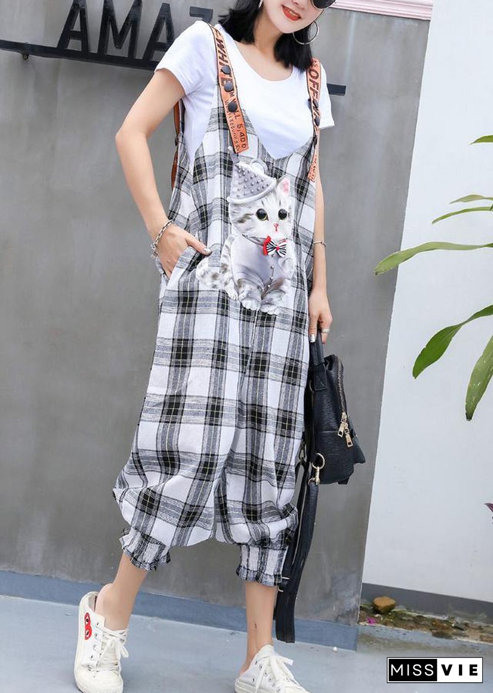 fashion women casual cotton plaid jumpsuit pants plus size cartoon print strap pants