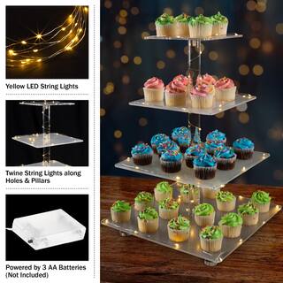 4-Tier Clear Acrylic Square Cupcake Display and Cake Stand with Yellow LED Lights 83-DT6144