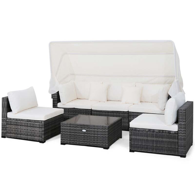 6 Pcs Rattan Patio Sectional Furniture Set Outdoor Safa Couch Set with Retractable Canopy & Cushions