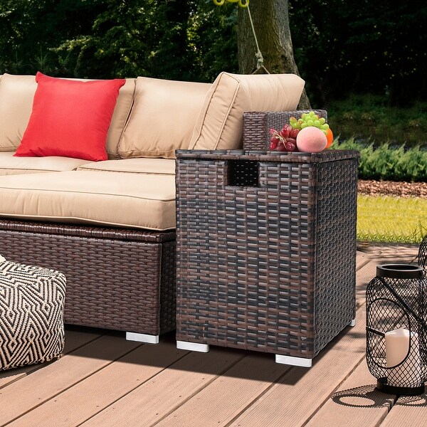 Outdoor Rattan Side Table with Storage Space，Iron Frame Coffee Table