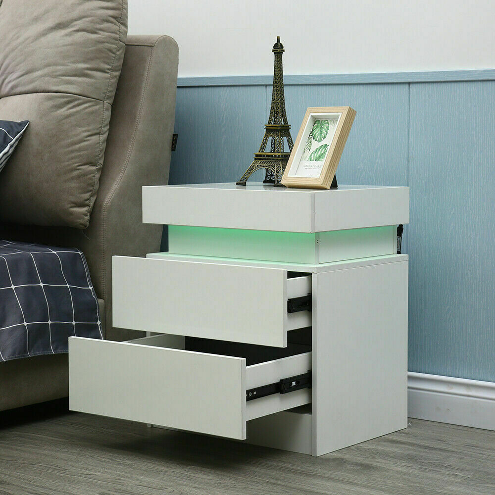 Oukaning Modern Bedroom LED Nightstand Bedside End Table Storage+2 Glossy Drawer