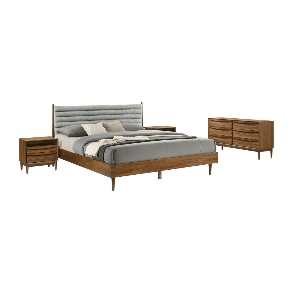 Artemio Black or Walnut Wood 4 Piece Bedroom Set with Grey Upholstered Headboard