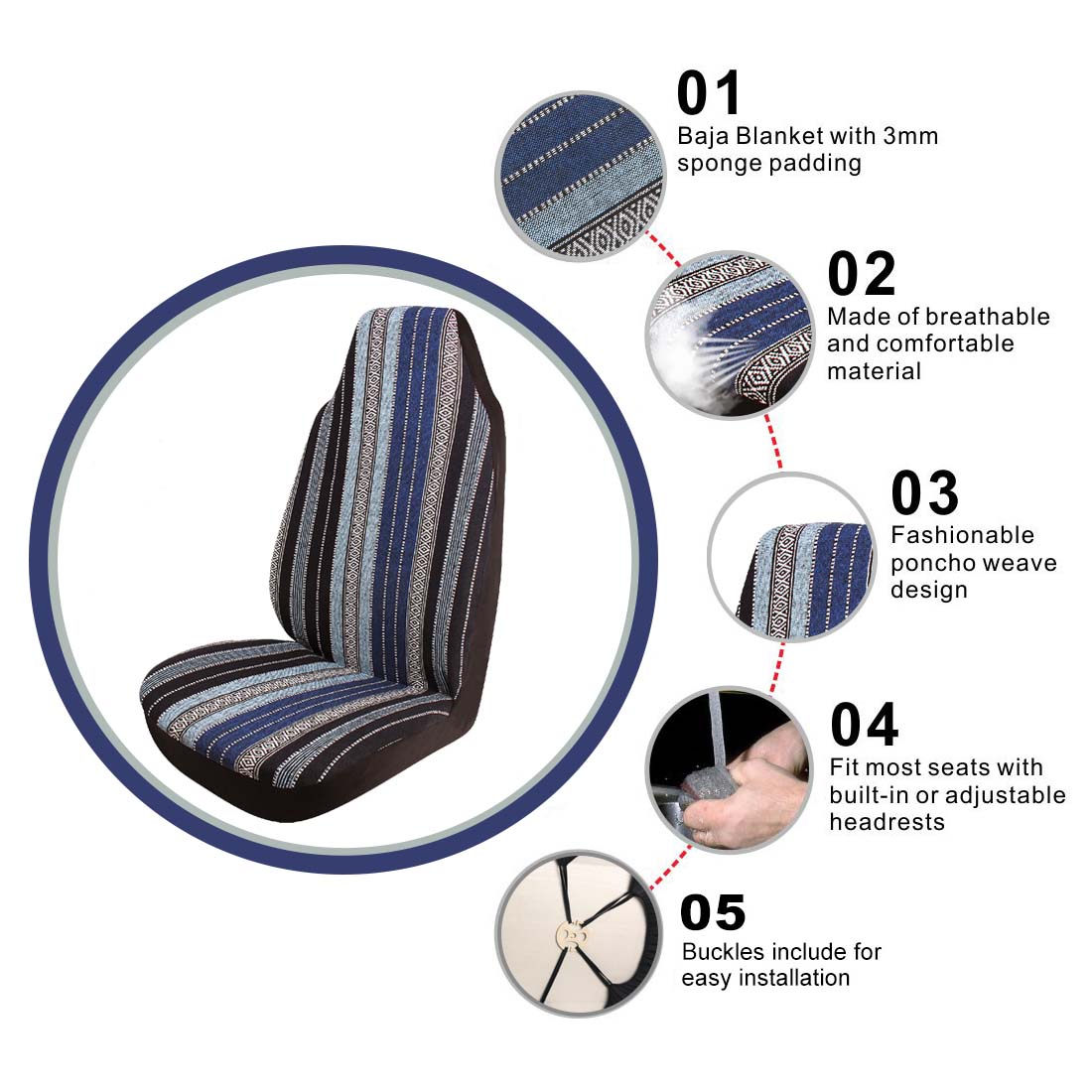 Copap Blue Stripe Car Seat Covers Multi-Color Baja Saddle Blanket Weave Bucket Seat Cover Fit for Sedan Cars and Vans with 15