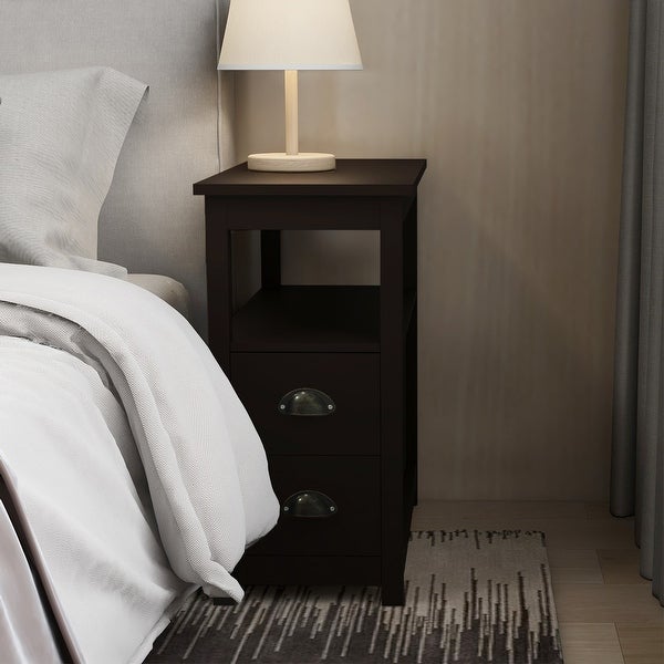 Narrow Nightstand End Table with 2 Drawers， Metal Semicircular Handles and Open Shelf， 23.62