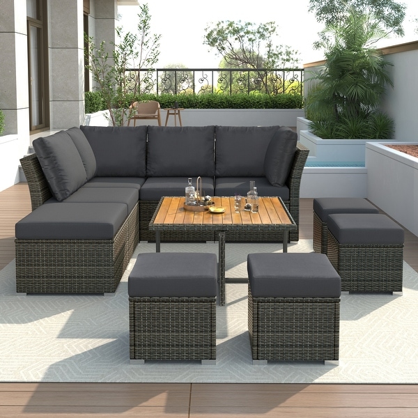 UStyle 9Piece Outdoor Conversation Set with Solid Wood Coffee Table，Ottomans，and Cushions