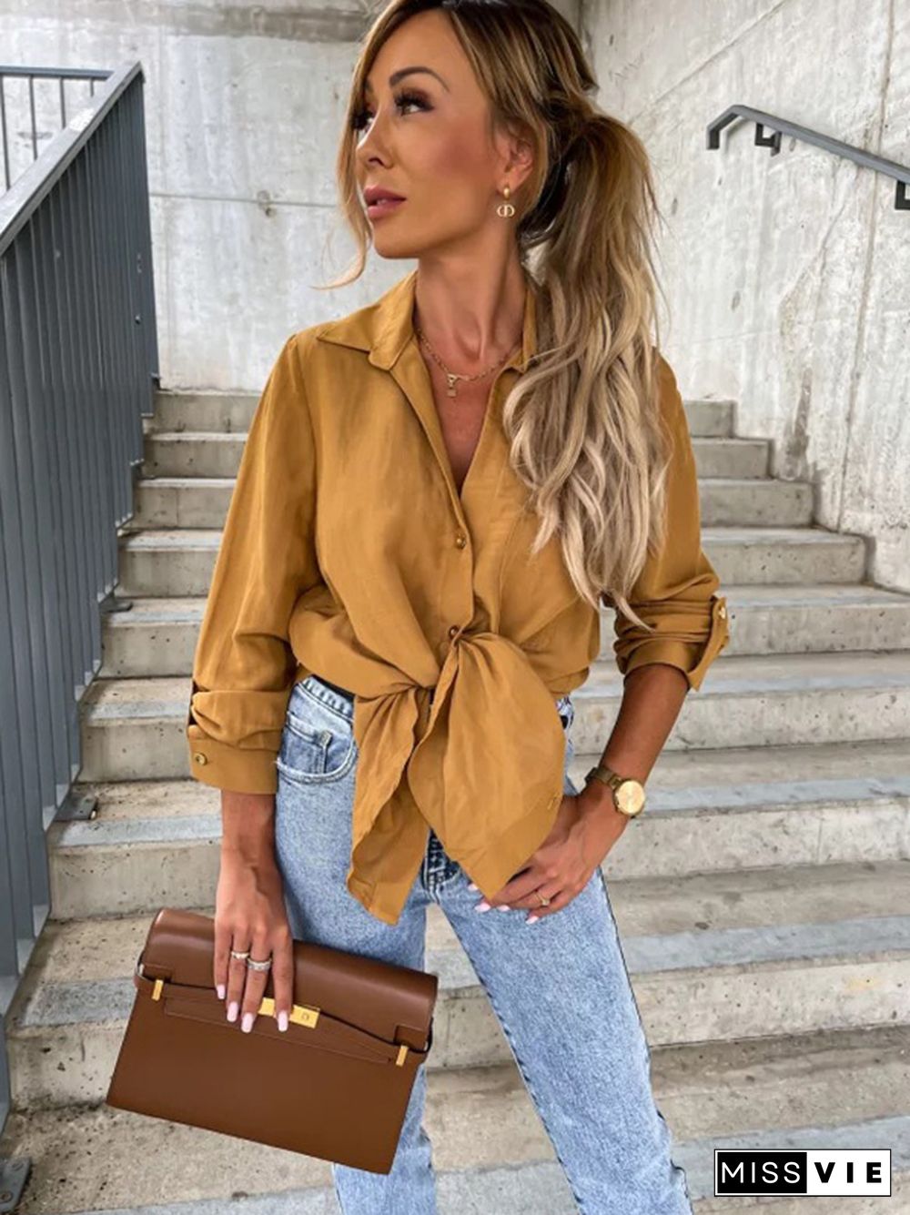 Trendy Long Sleeves Solid Color Lapel Collar Blouses