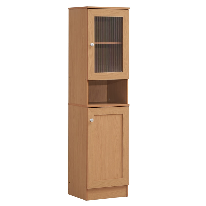 Pemberly Row 63 Tall Slim Open Shelf Plus Top Kitchen Pantry in Beige Wood