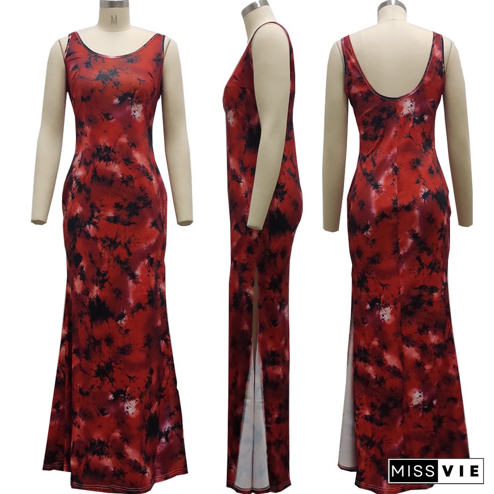 Hot Sales Women Summer New Tie Dye Print Sleeveless Bodycon Classic Beach Holiday Long Dresses