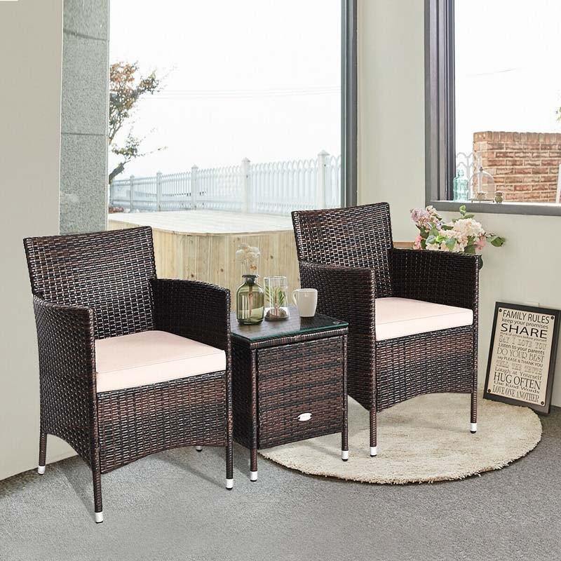 3 Pcs Rattan Patio Conversation Set Wicker Outdoor Furniture Set with Coffee Table & 2 Cushioned Sofa