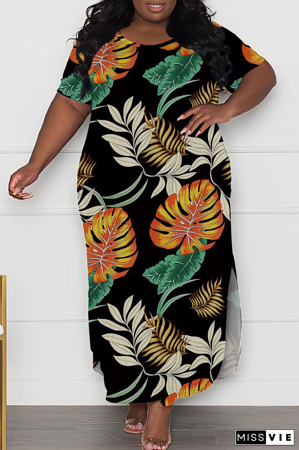 Casual Print Basic O Neck Long Plus Size Dresses