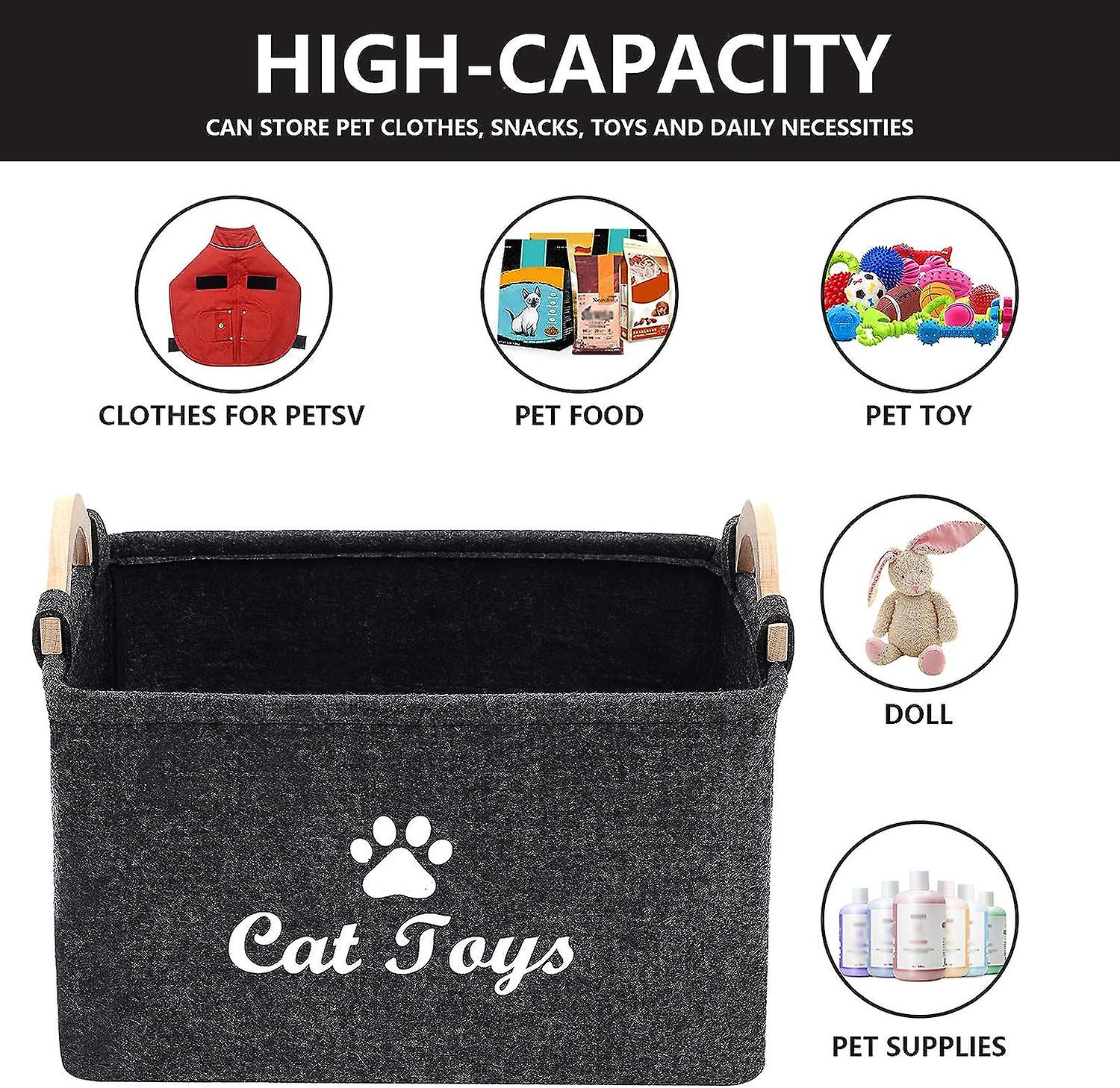 Cat Toy Storage Basket - Storage Box With Wooden Handle， Storage Box For Cat Toys， Clothes And Pet Accessories-dark Gray