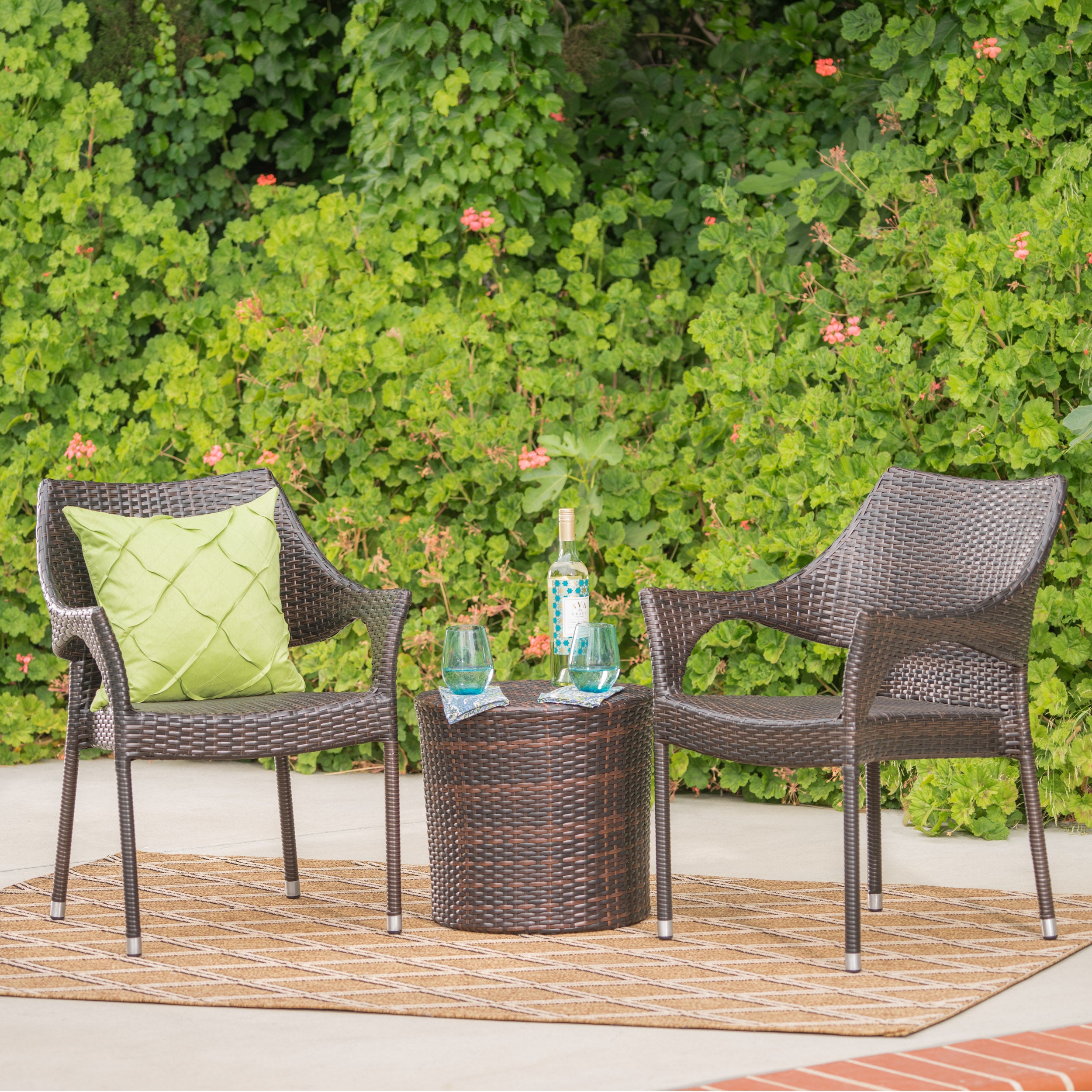 Alfheimr Outdoor 3 Piece Multi-brown Wicker Stacking Chair Chat Set