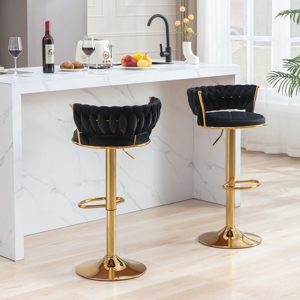 Javlergo Velvet Bar Stools Set of 2  360° Swivel Adjustable Height Barstool with Woven Back   Footrest