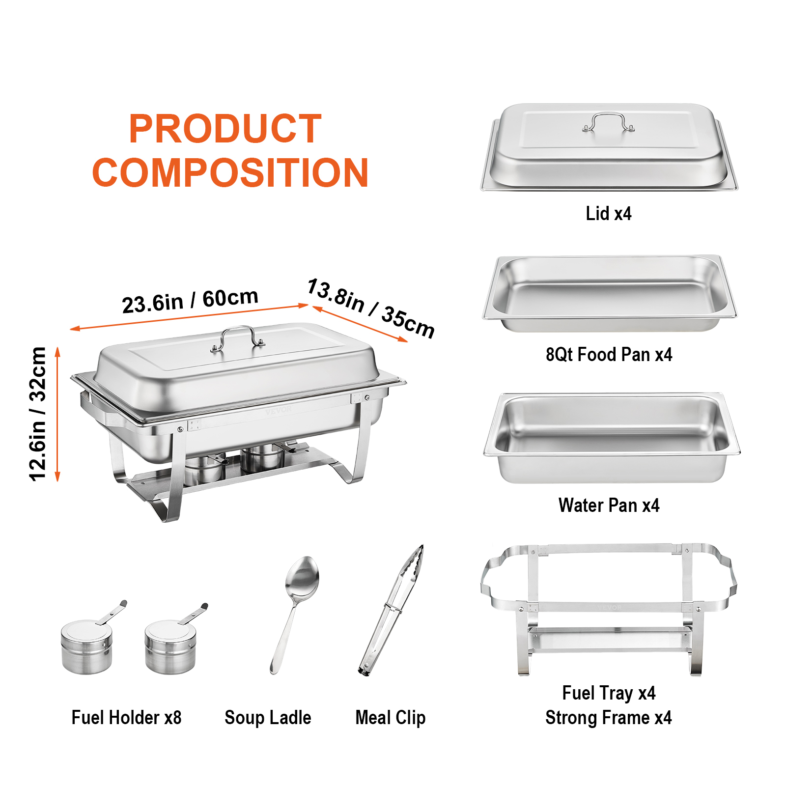 BENTISM 4-Pack Rectangle Chafing Dish Set with Full-Size 8Qt Pan Frame Fuel Holde， For Catering， Buffet Serving， Party