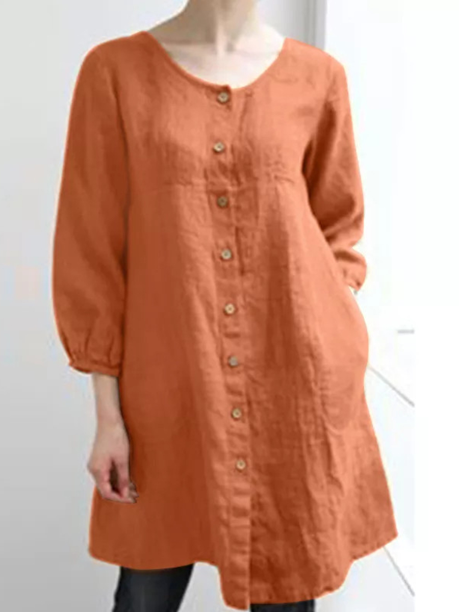 3/4 Sleeves Round Neck Linen Loose Buttoned Casual Blouses