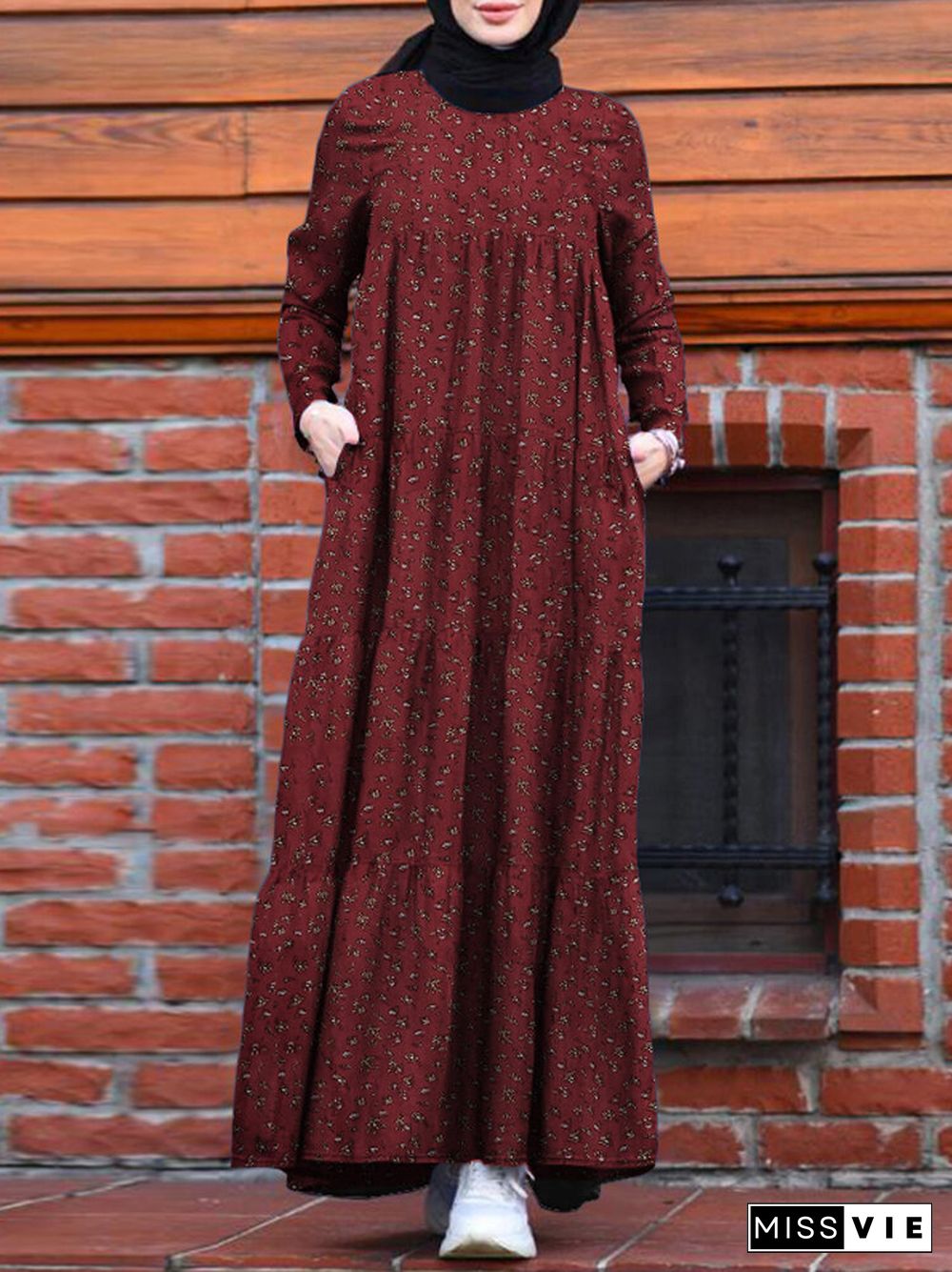 Floral Print Pocket Long Sleeve Casual Maxi Dress For Women