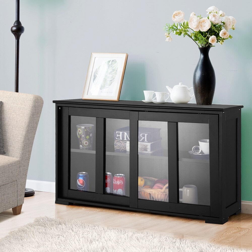 Wooden Buffet Cupboard Kitchen Storage Sideboard Sliding Door Black