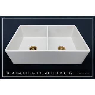 Fossil Blu Luxury 33 in. FarmhouseApron-Front Double Bowl White Solid Fireclay Kitchen Sink with Matte Gold Accs and Flat Front WHS1003BB