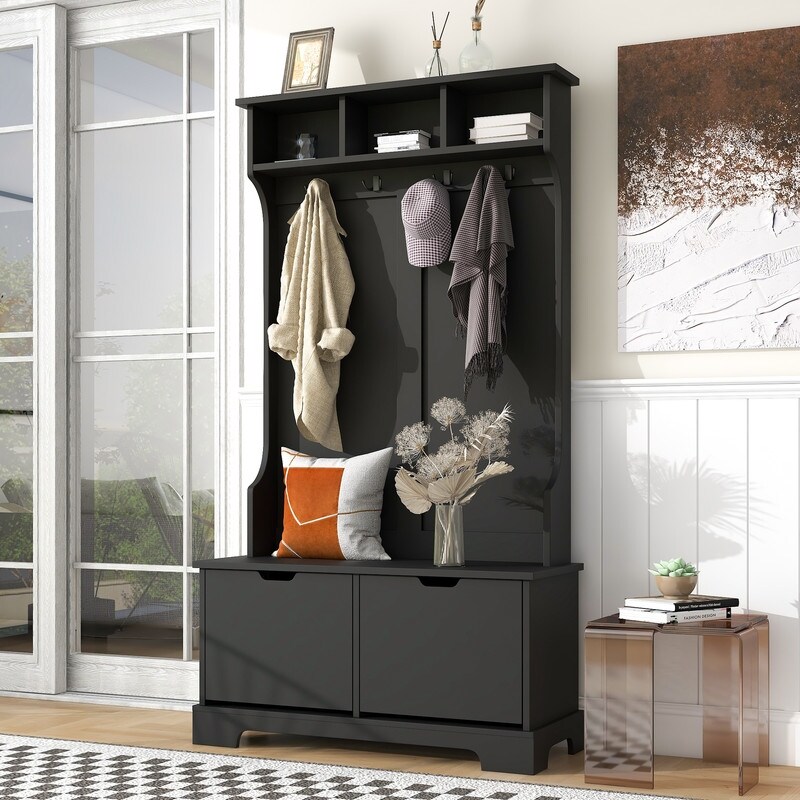 In One Hall Tree with 3 Top Shelves and 2 Flip Shoe Storage Drawers for Living Room  Hallway Easy Assemble