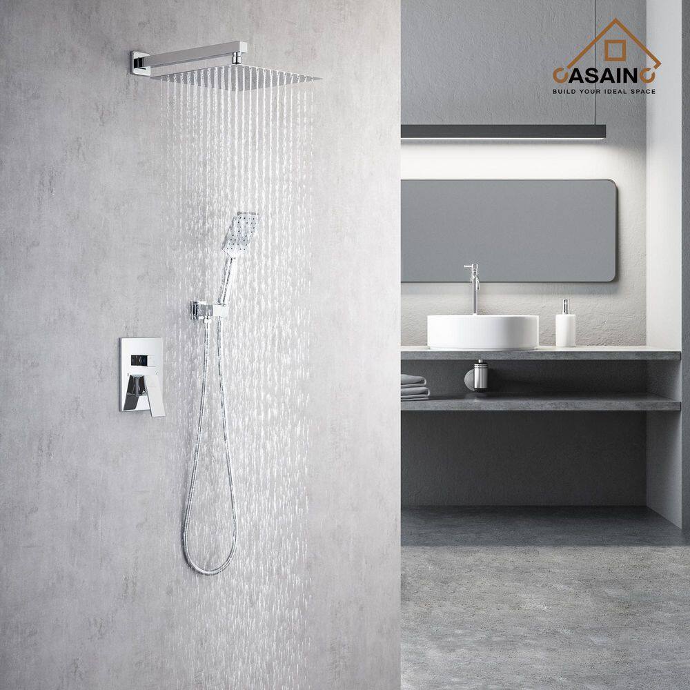 CASAINC 3-Spray Patterns with 2.5 GPM 12 in. 2 Functions Wall Mount Handheld Shower Head in Chrome (Value Included) W98102CP-12