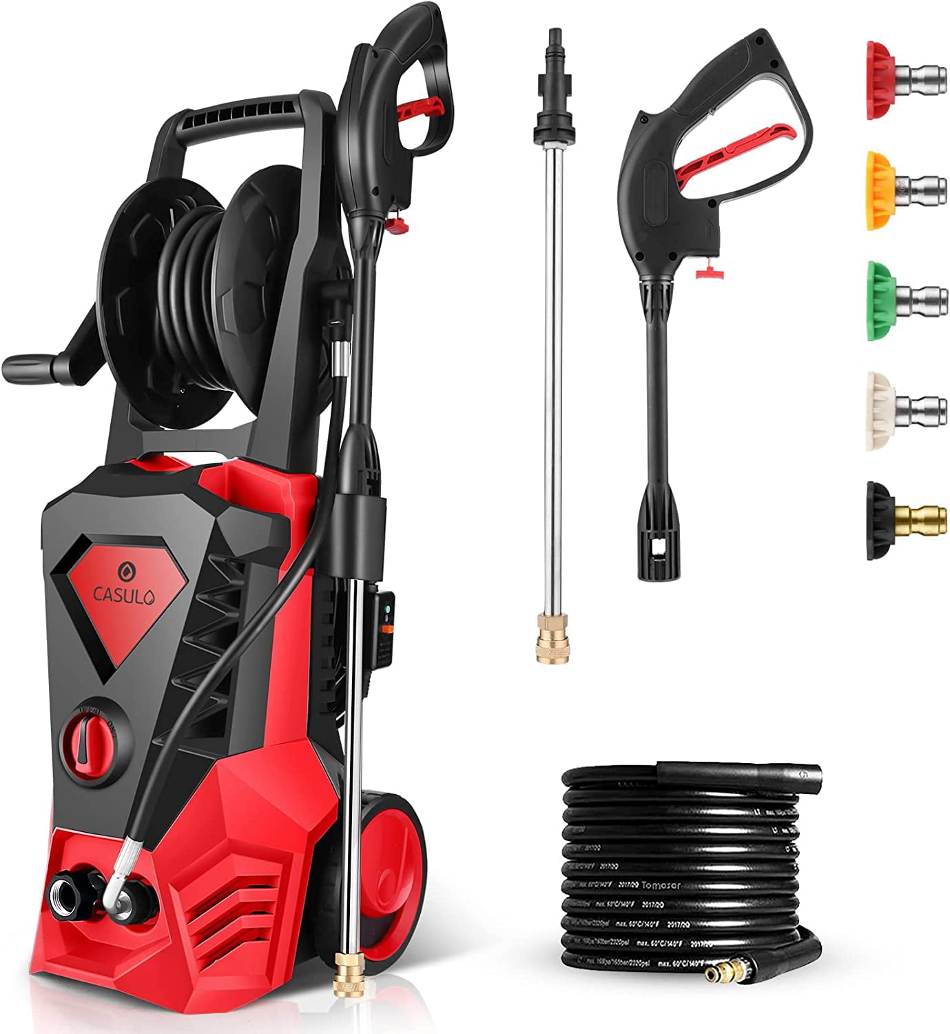 Electric Pressure Washer, High Pressure Power Washer Cleaner Machine with Spray Gun, 5 Nozzles, Hose Reels & Detergent Tank for Cars, Fences, Driveways, Patios (Red)