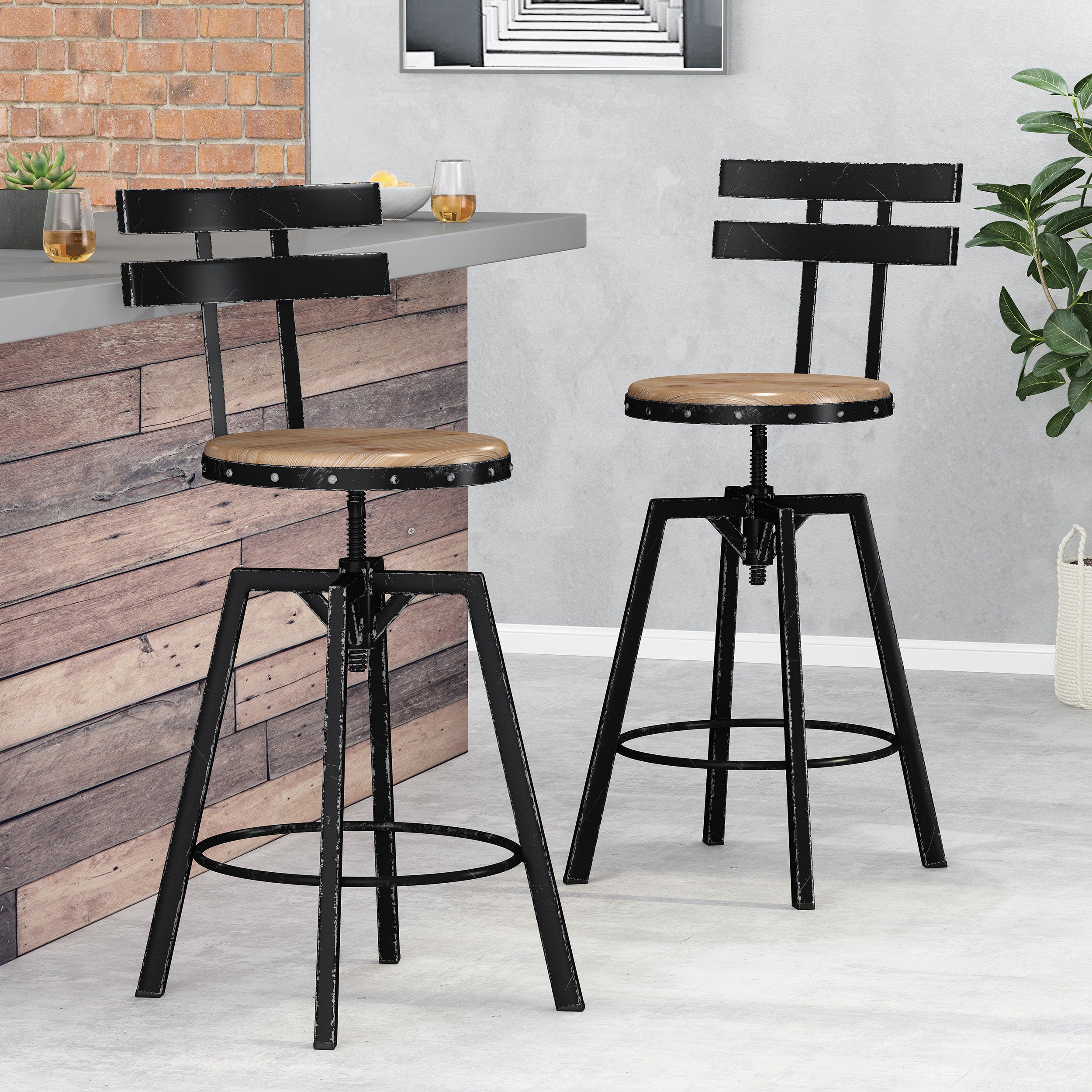 Vernon Modern Industrial Firwood Adjustable Height Swivel Barstools, Set of 2, Antique and Black Brushed Silver