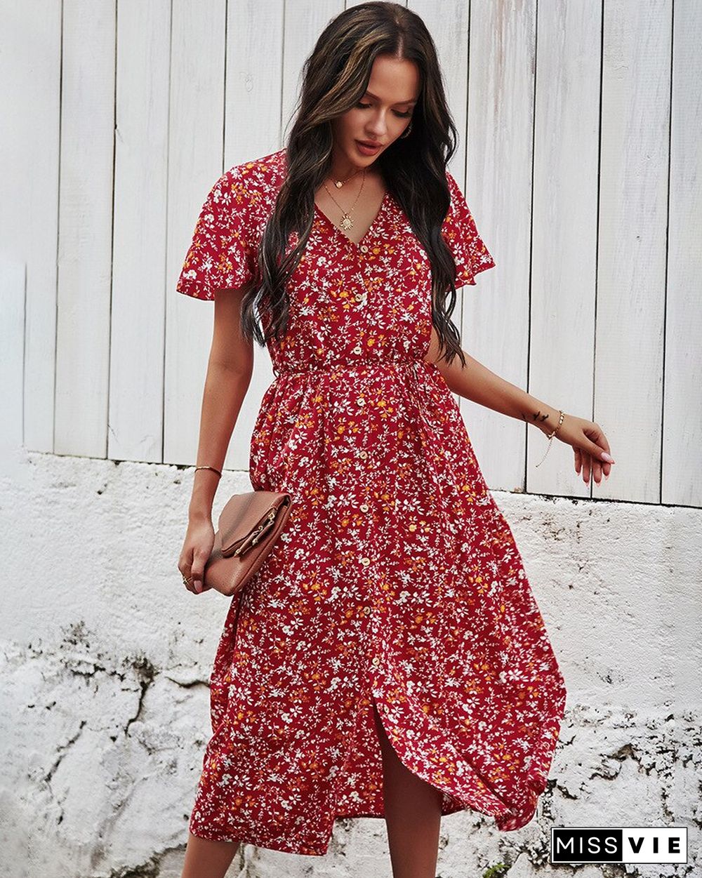 Elegant V-Neck Floral Print Summer Dress Women High Waist Button Bohemian Beach Dress Female Green Midi Vestidos De Mujer