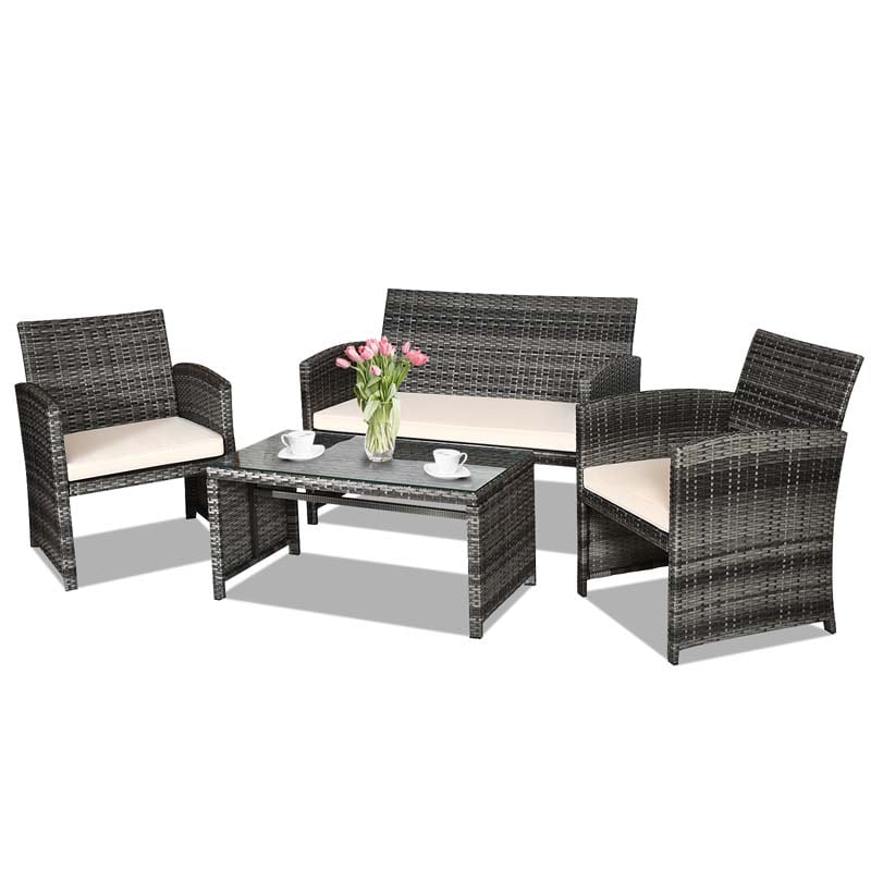 4 Pcs Rattan Wicker Patio Furniture Sets, Outdoor Conversation Sets with Loveseat, Table, Single Sofas