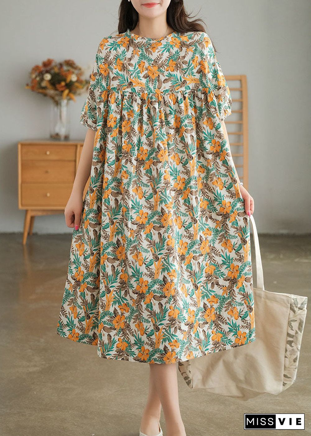 Yellow Print Cotton Vacation Dresses Wrinkled Short Sleeve