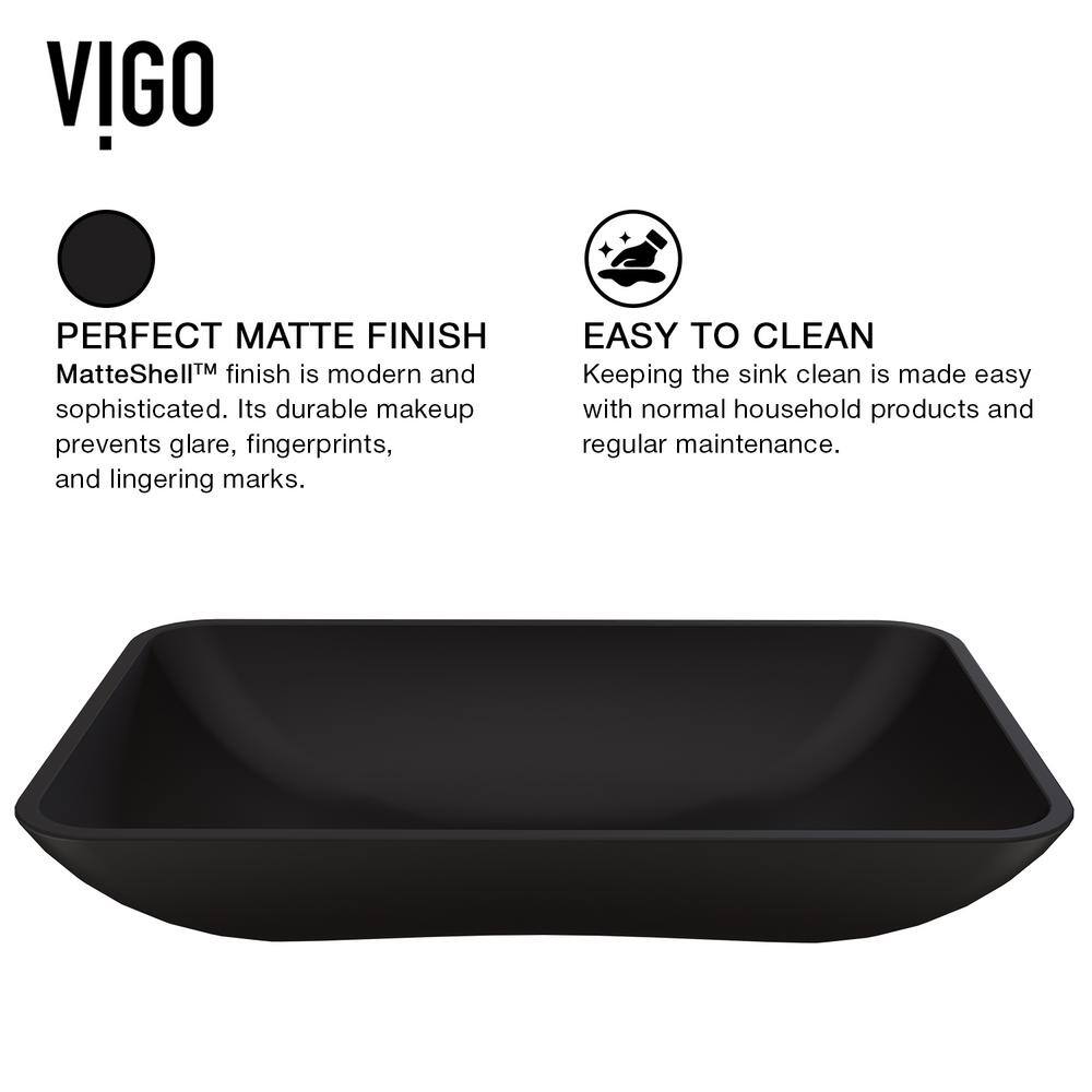 VIGO Hadyn Modern Black Matte Shell Glass 22 in. L x 14 in. W x 4 in. H Rectangular Vessel Bathroom Sink VG07112