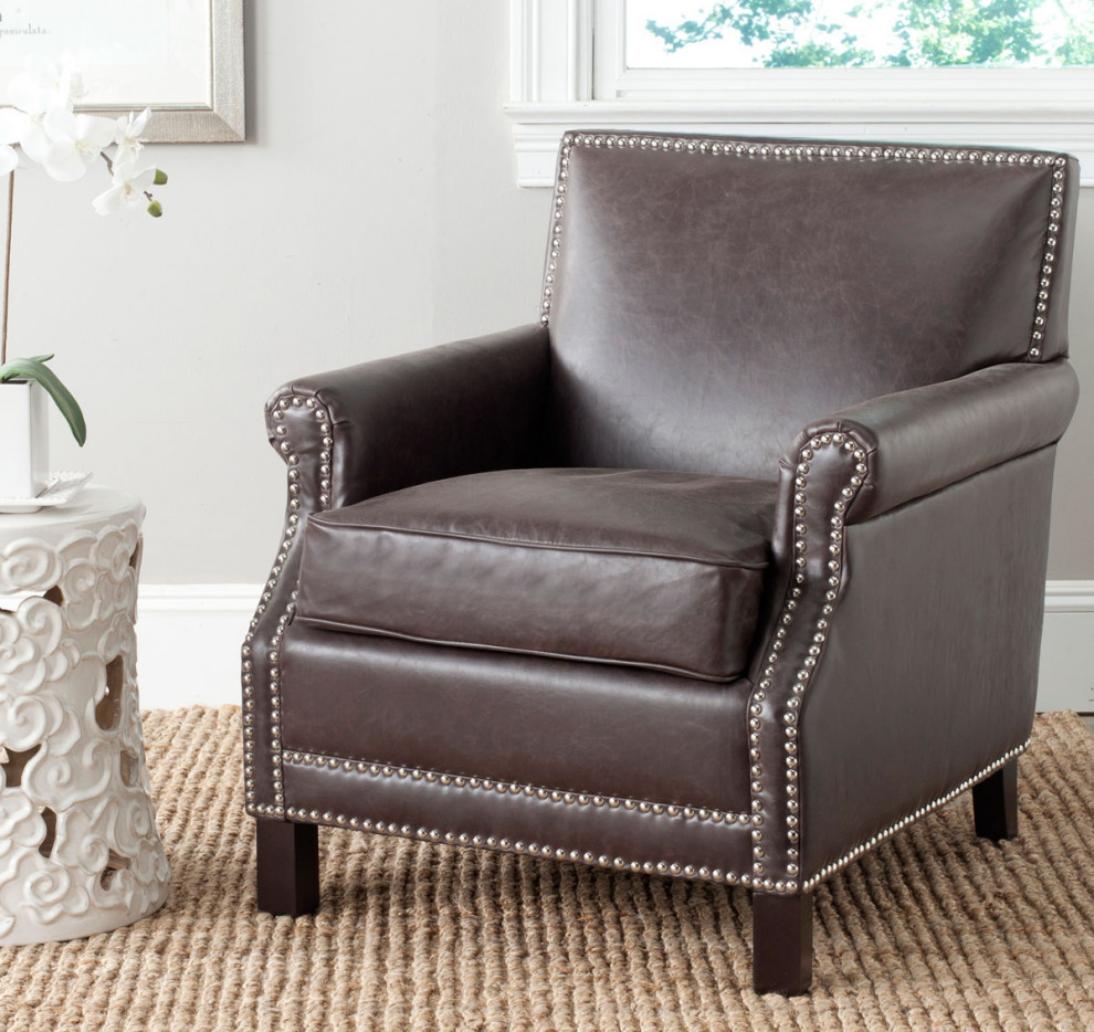 Jennifer Club Chair  Silver Nail Heads Antique Brown   Transitional   Armchairs And Accent Chairs   by Rustic Home Furniture Deco  Houzz