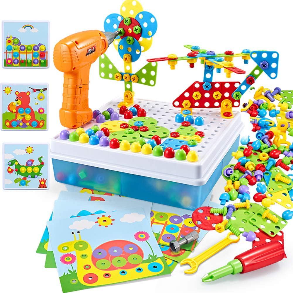 Ambrose 224 Piece Electric Drill Puzzle DIY Button Art Mosaic Pegboard Take Apart Toy with Screwdriver Tool - STEM Construction Building Blocks Games Fine Motor Skill Learning Toys for Kids Boys Girls