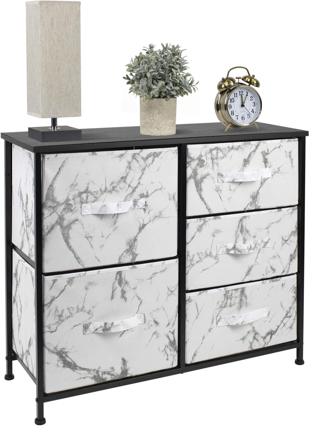 Sorbus Dresser with 5 Drawers- Black Frame, White Marble Drawers