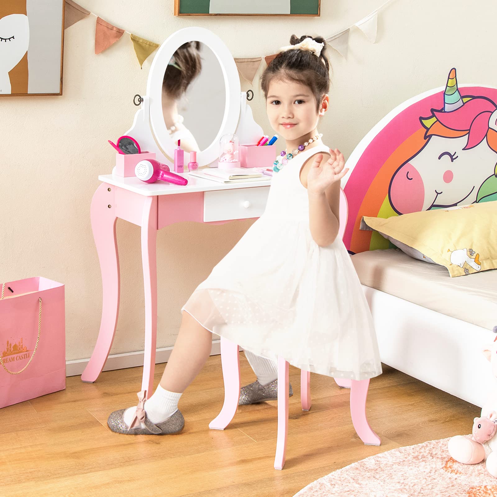 Costzon Kids Vanity Set, 2 in 1 Princess Makeup Dressing Table