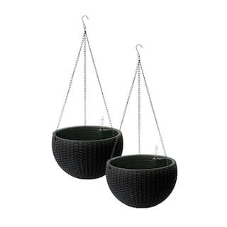 Algreen Wicker 10 in. Hanging Basket Planter Self-Watering Plastic Rattan Black (2-Pack) 14327