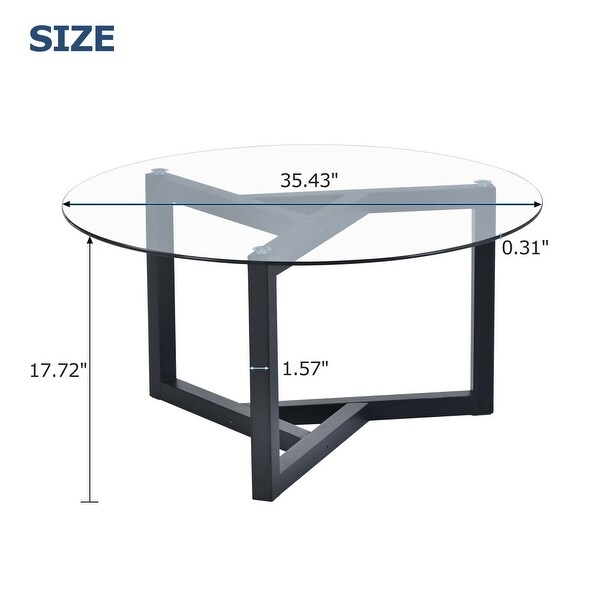 35 in. Round Glass Coffee Table Cocktail Table with Top and Wood Base