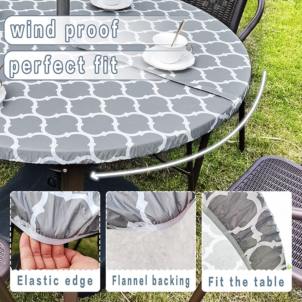 Vinyl Round Fitted Tablecloth With Umbrella Hole Table Cover With Flannel Backing Oil&Waterproof Wipeable Vibrant Colors Elastic Edge Table Cover - Grey Morocco 36-44"