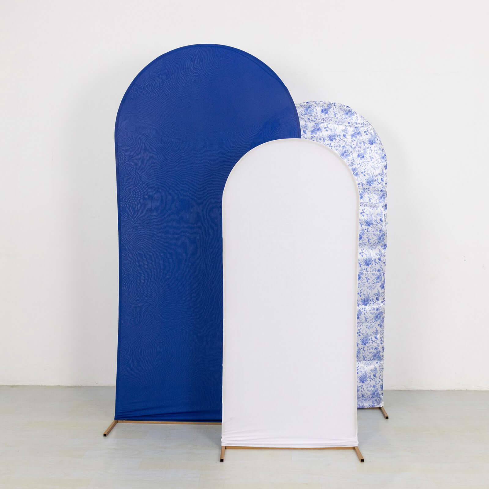 Set of 3 White Blue Fitted Backdrop Stand Covers with Round Top, French Toile Pattern and Matte Spandex Wedding Arch Frame Covers