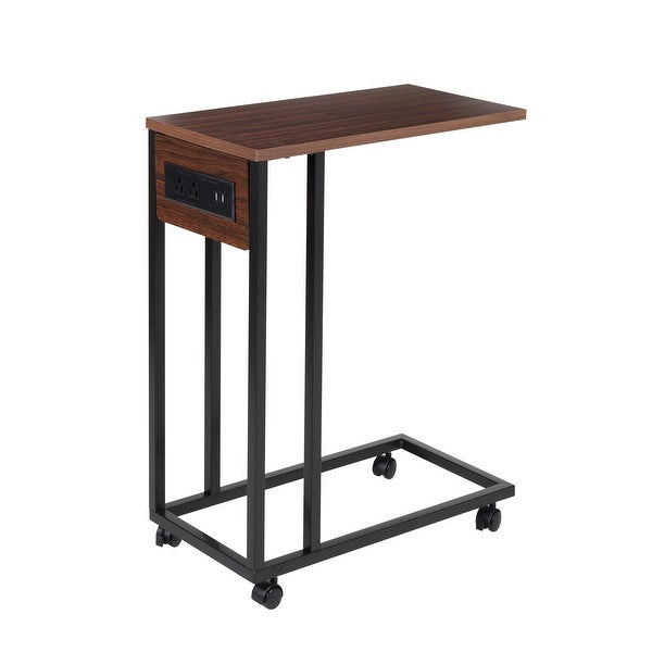 Walnut/Black C-Shape Rolling Side Table with Outlets