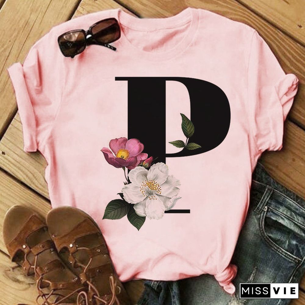 26 Letter Alphabet A-Z Women T-Shirts Fashion Breathable Flowers Short Sleeve Casual Tops Couple Basic Tee Crew Neck Clothes Top