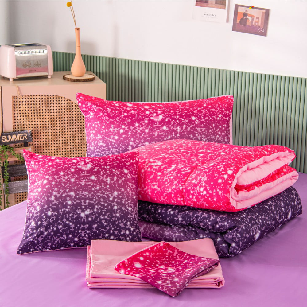 PERFEMET 6Pcs Twin Gradient Pink Purple Glitter Comforter Sets for Teens Girls Kids， Colorful Rainbow Glitter Themed Bedding Set